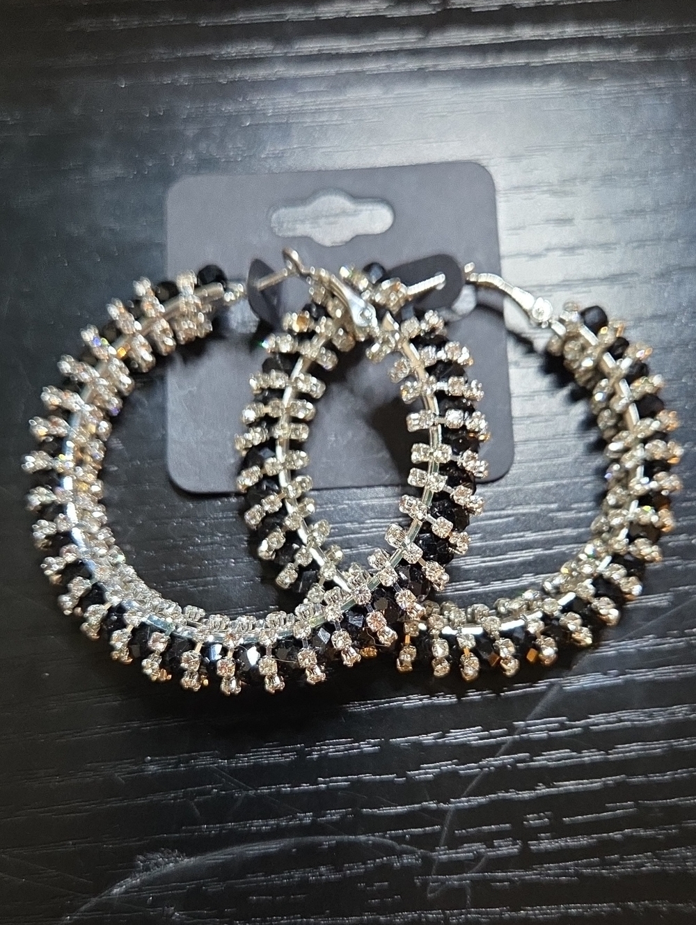 Sparkling Black & Silver Crystal Hoop Earrings - Women's Jewelry